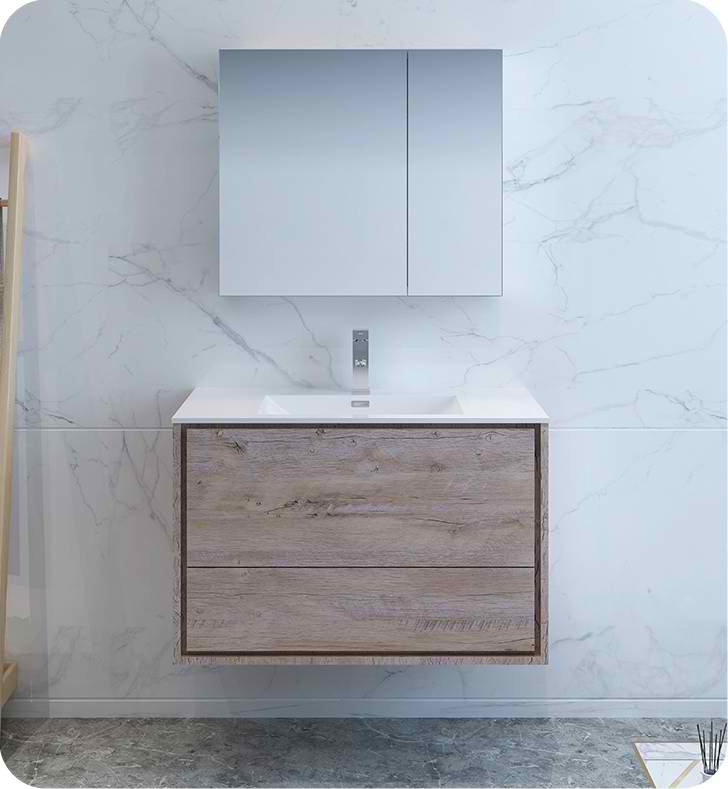 36" Rustic Natural Wood Wall Hung Modern Bathroom Vanity with Medicine Cabinet and Faucet Options