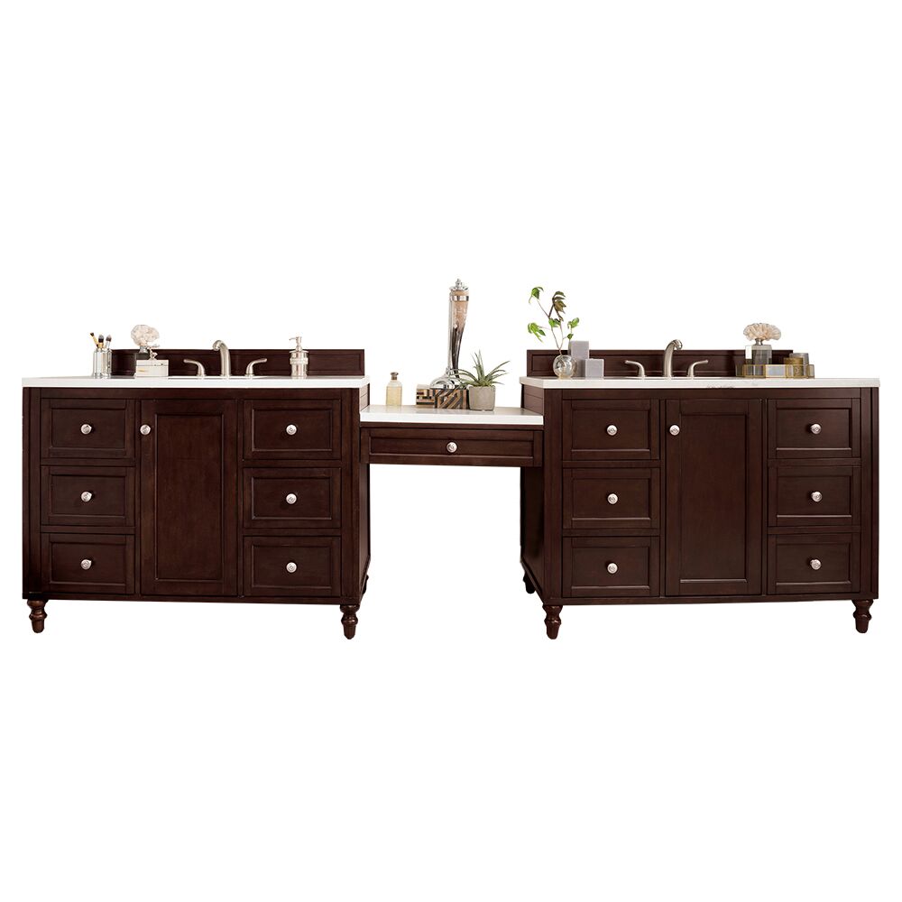 James Martin Copper Cove Encore Collection 122" Double Vanity Set, Burnished Mahogany with Makeup Table, Top and Color Options 