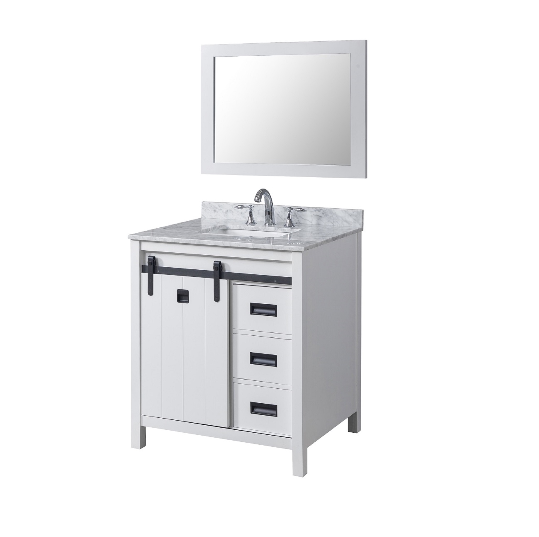 32" Vanity in White with White Carrara Marble Top with white basins and Mirror 