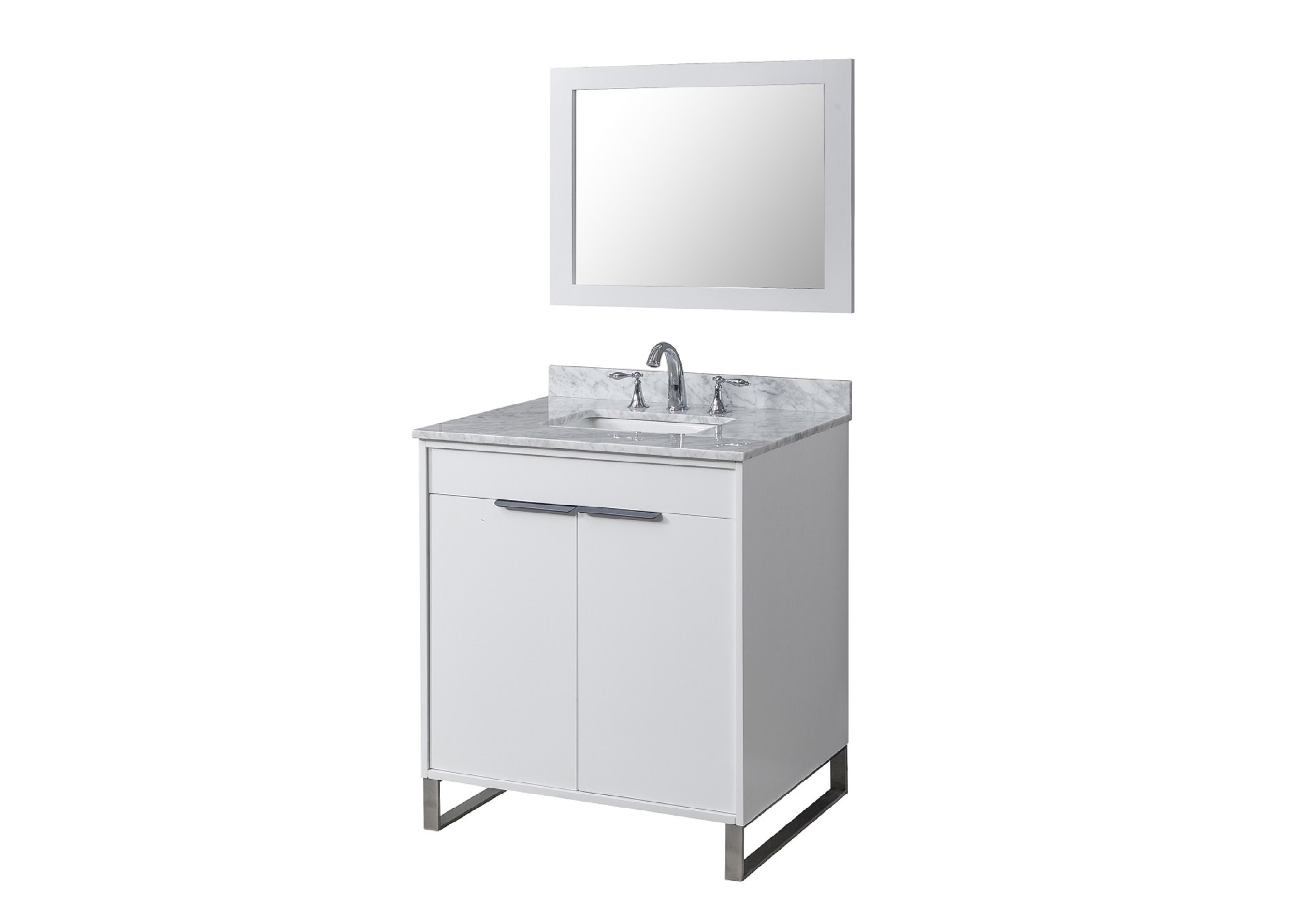 32" Bathroom Vanity in White with White Carrara Marble Top with white basins