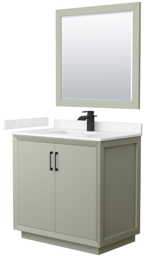 36" Transitional Single Vanity Base in Light Green, 3 Top Option with 3 Hardware Options and Mirror Option