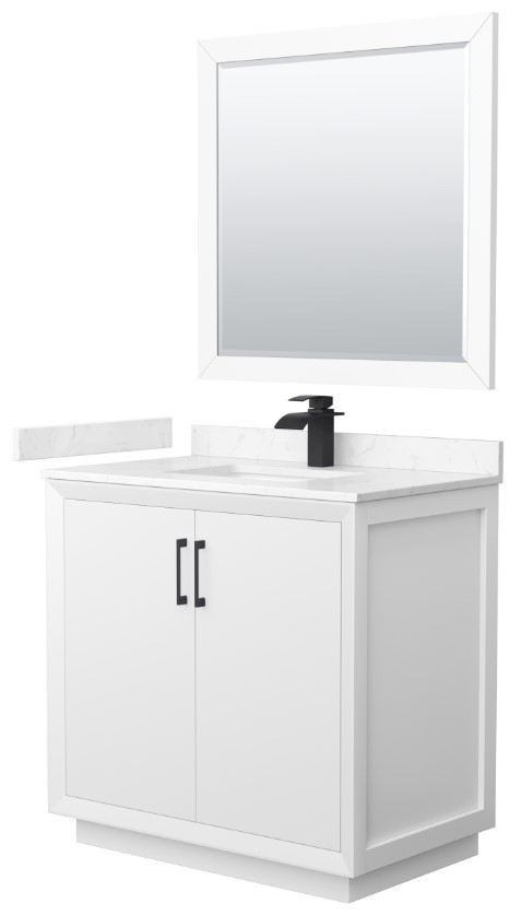 36" Transitional Single Vanity Base in White, 3 Top Option, with 3 Hardware Options and Mirror Option