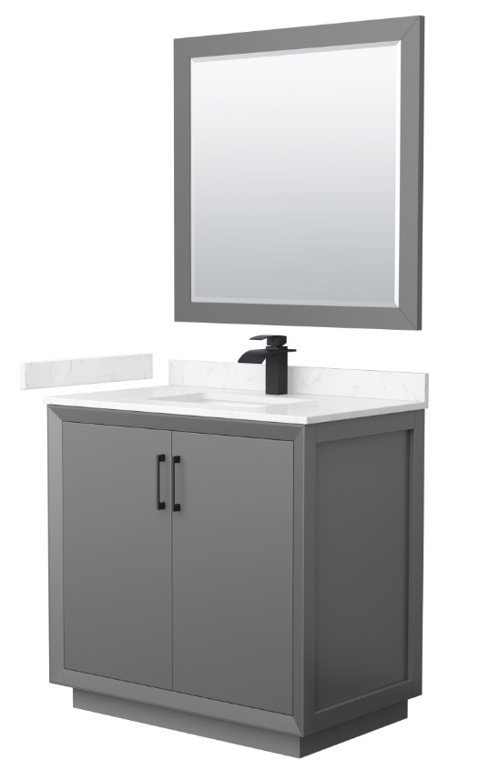 36" Transitional Single Vanity Base in Dark Grey, 3 Top Option with 3 Hardware Options and Mirror Option