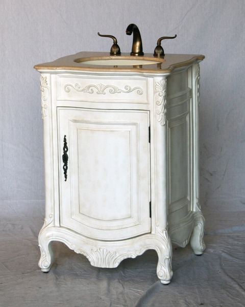 22" Adelina Antique Style Single Sink Bathroom Vanity Antique White Finish with Beige Stone Countertop
