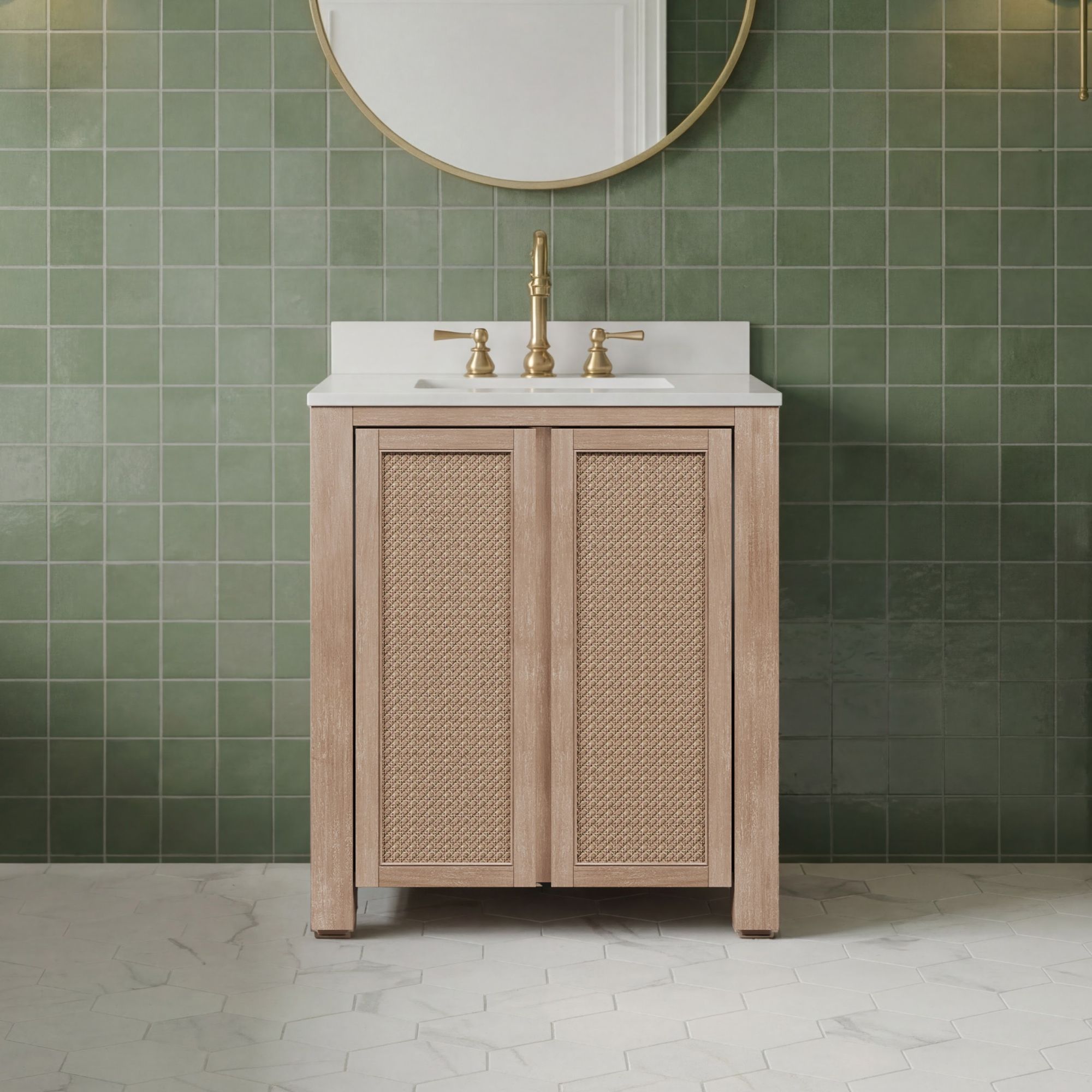30" Single Sink Free Standing Toffee Latte Bath Vanity with White Marble Top Assembled, with Medicine Cabinet and Linen Cabinet Options