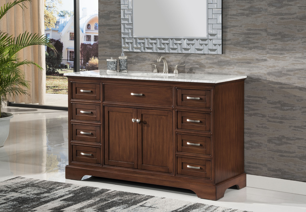 56" Adelina Contemporary Style Single Sink Bathroom Vanity Walnut Finish with White Italian Carrara Marble Countertop and Oval White Porcelain Sink