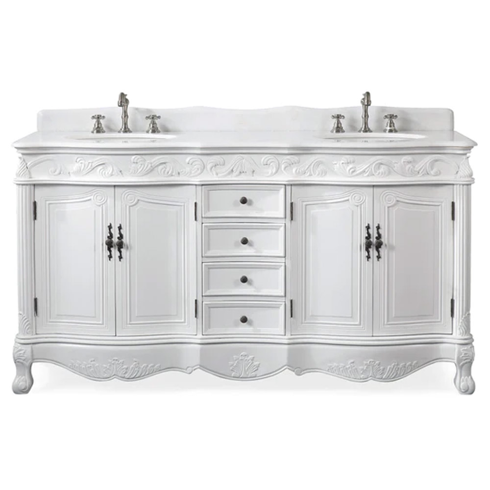 Adelina 64" Antique White Traditional Style Double Sink Bathroom Vanity with White Marble Countertop