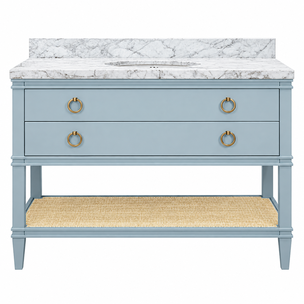Issac Edwards 48" Bathroom Vanity in Matte Light Blue Lacquer with Open Cane Shelf, White Marble Top, Porcelain Sink, and Antique Brass Ring Hardware