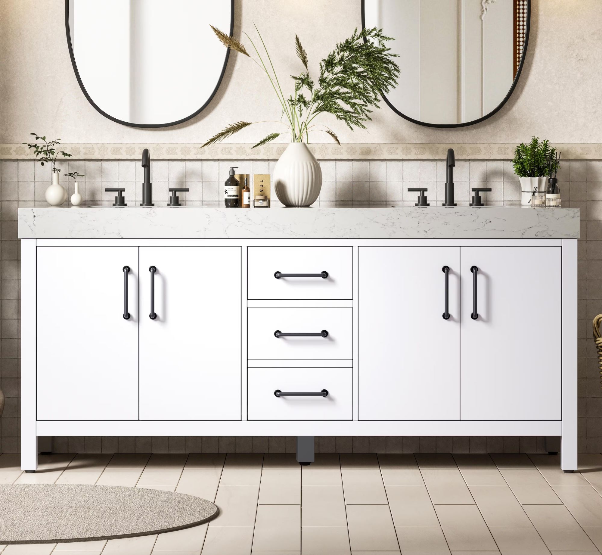 Modern Fitting 72" Transitional Double Bathroom Vanity in White with 4 Color Options
