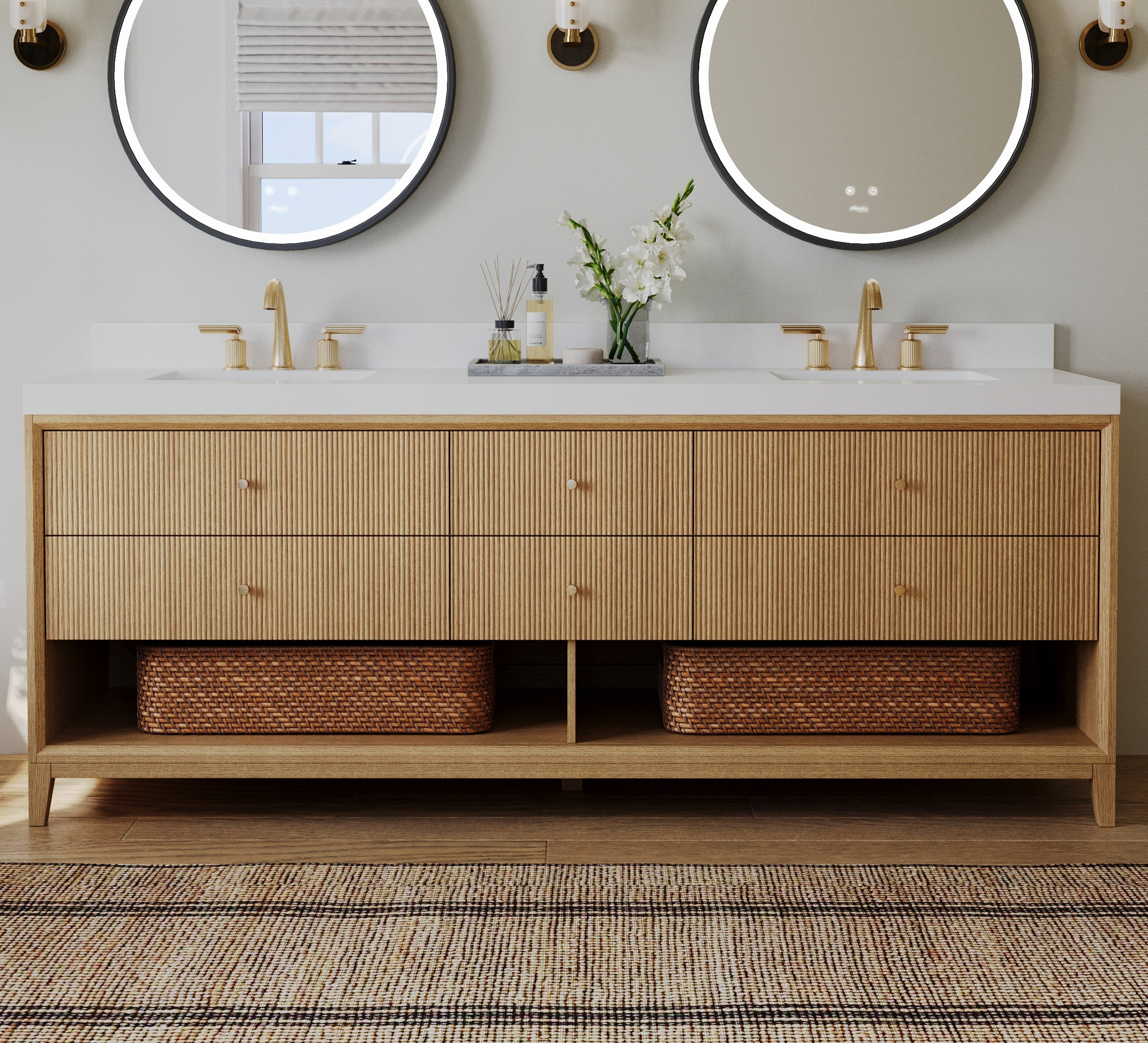 72" Double Bathroom Vanity in American Oak Finish with Alpine White Quartz Top