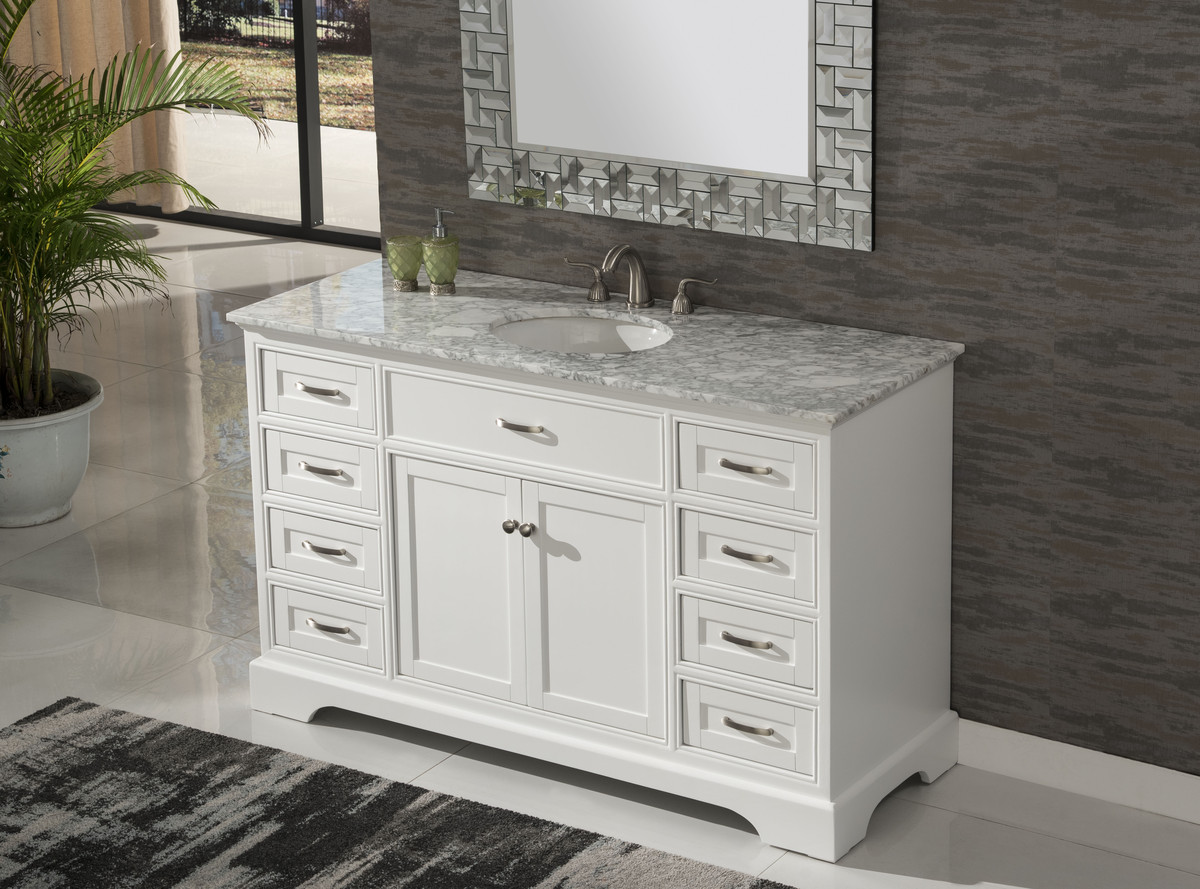 56" Adelina Contemporary Style Single Sink Bathroom Vanity Pure White Finish with White Italian Carrara Marble Countertop and Oval White Porcelain Sink