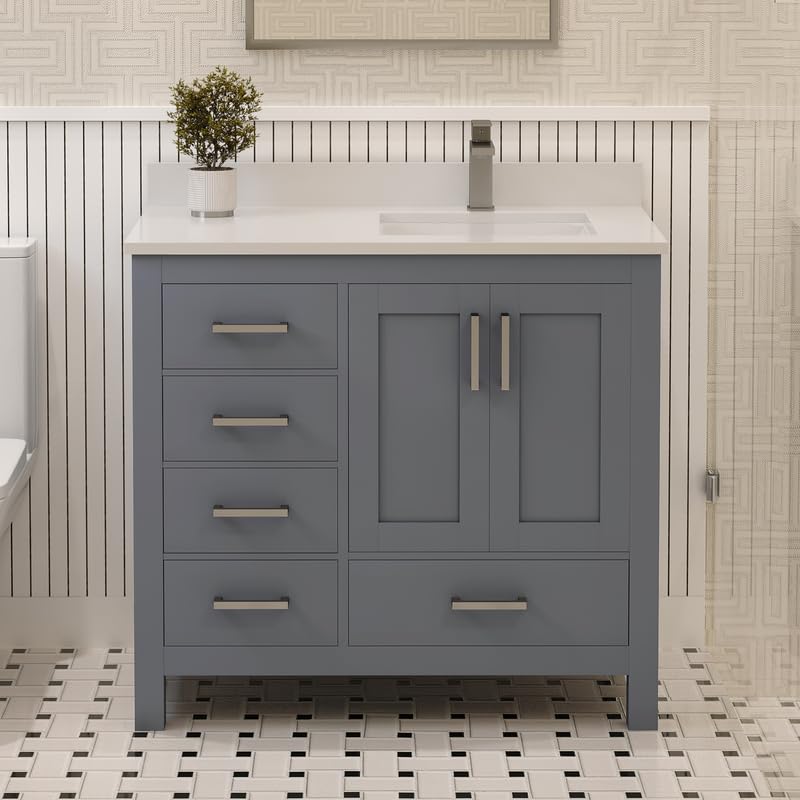 LV 36" Transitional Bath Vanity Right in Charcoal Grey with 3 Hardware Options, Base only, and Top Option