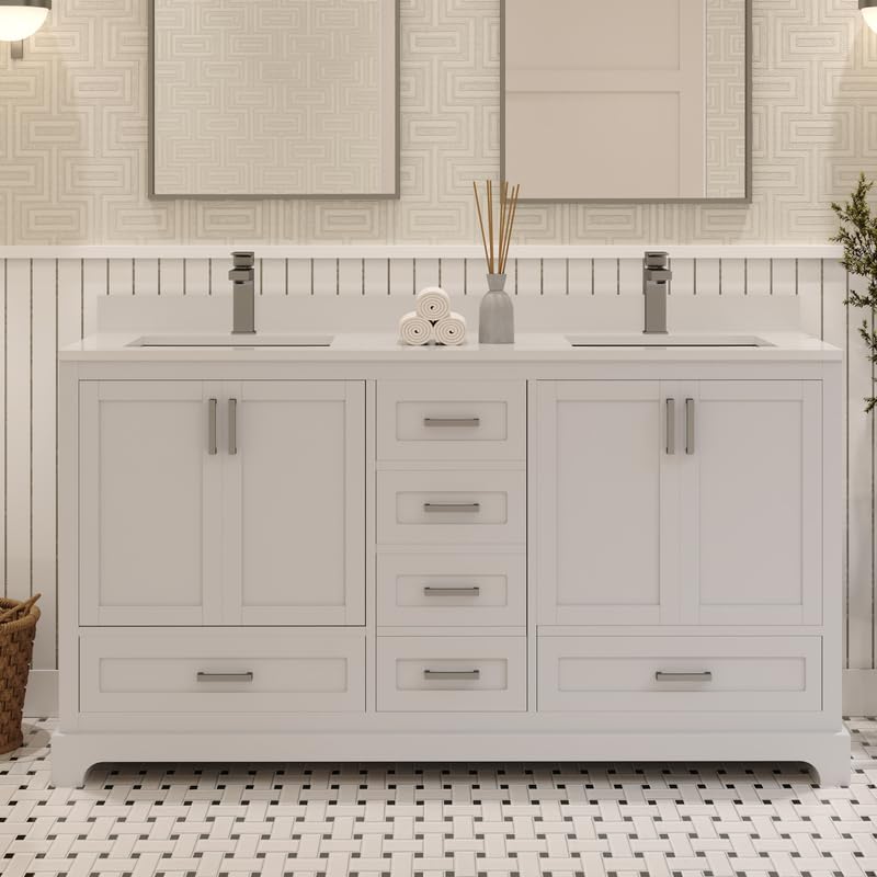 LV 60" Transitional Double Bath Vanity in White with 3 Hardware Options, Base Only, and Top Option