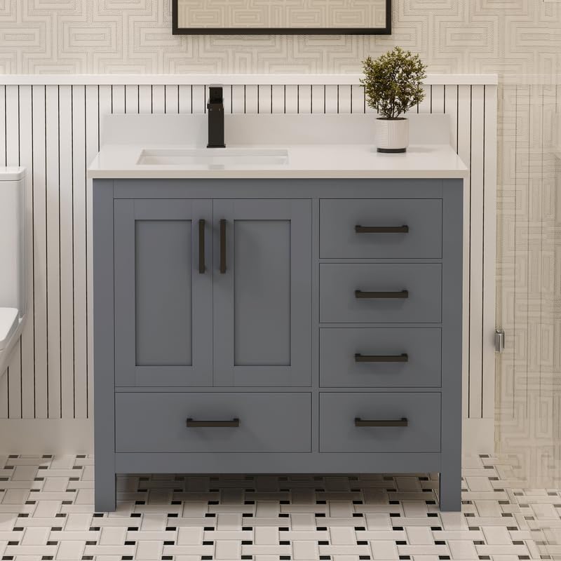 LV 36" Transitional Bath Vanity Left in Charcoal Grey with 3 Hardware Options, Base only, and Top Option