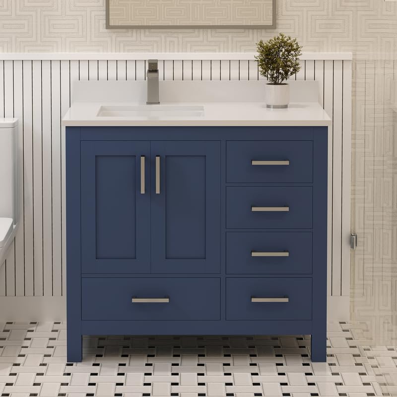 LV 36" Transitional Bath Vanity Left in Navy Blue with 3 Hardware Options, Base only, and Top Option