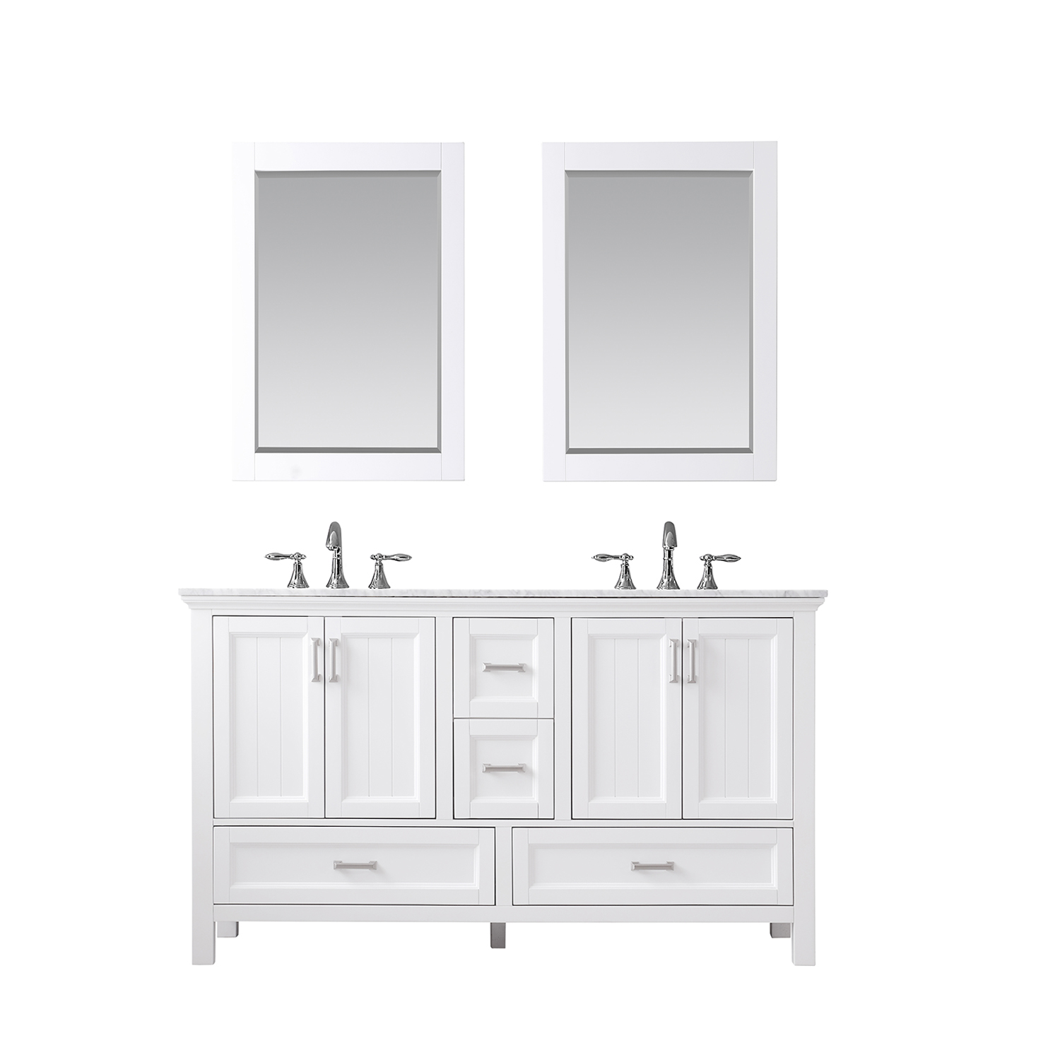 Issac Edwards Collection 60" Double Bathroom Vanity Set in White and Carrara White Marble Countertop without Mirror 
