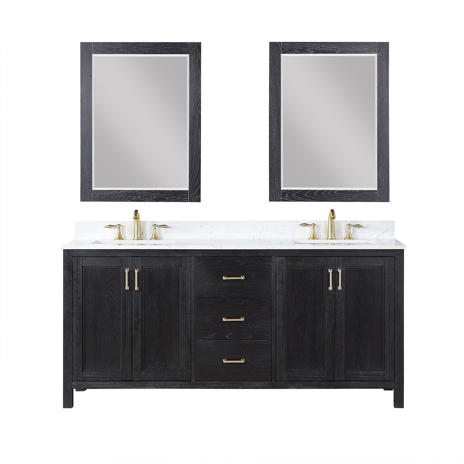Issac Edwards Collection 72" Double Bathroom Vanity Set in Black Oak with Carrara White Composite Stone Countertop with Mirror 