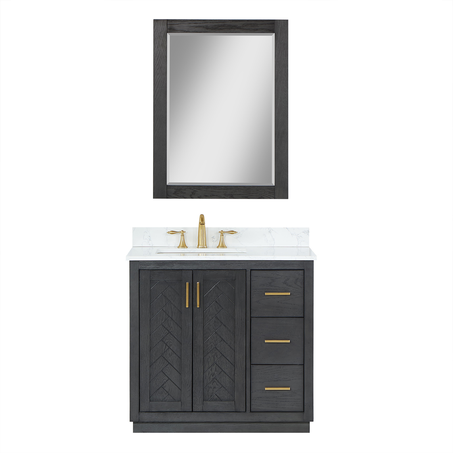 Issac Edwards Collection 36" Single Bathroom Vanity Set in Brown Oak with Grain White Composite Stone Countertop without Mirror 