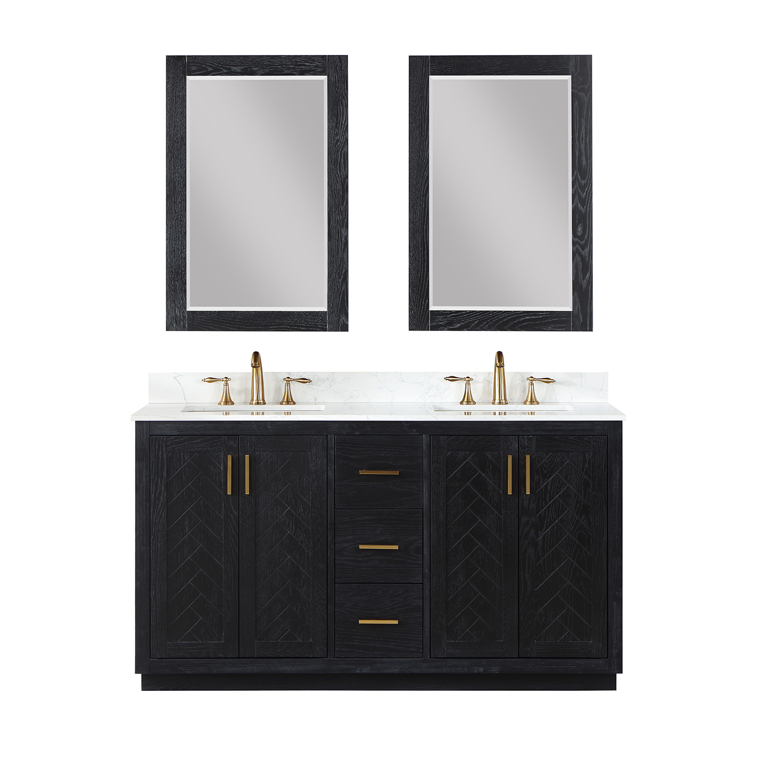 Issac Edwards Collection 60" Double Bathroom Vanity Set in Black Oak with Grain White Composite Stone Countertop without Mirror 