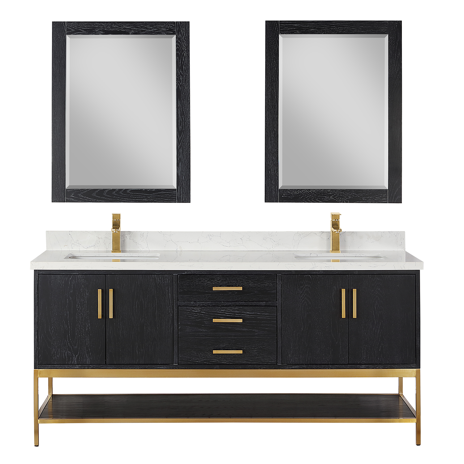 Issac Edwards Collection 72" Double Bathroom Vanity Set in Black Oak with Grain White Composite Stone Countertop without Mirror 