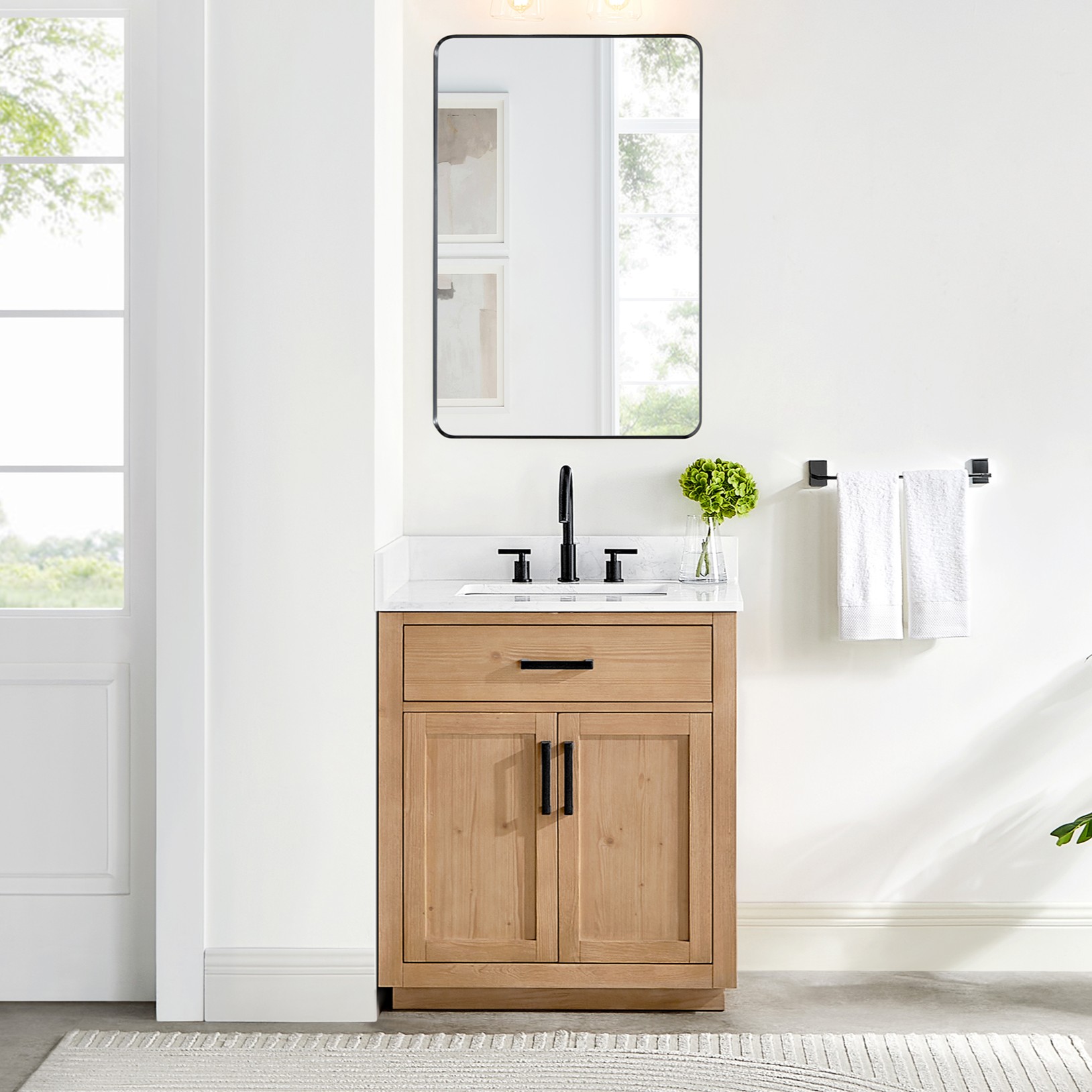 Issac Edwards Collection 30" Single Bathroom Vanity in Light Brown with Grain White Stone Countertop and Mirror Option