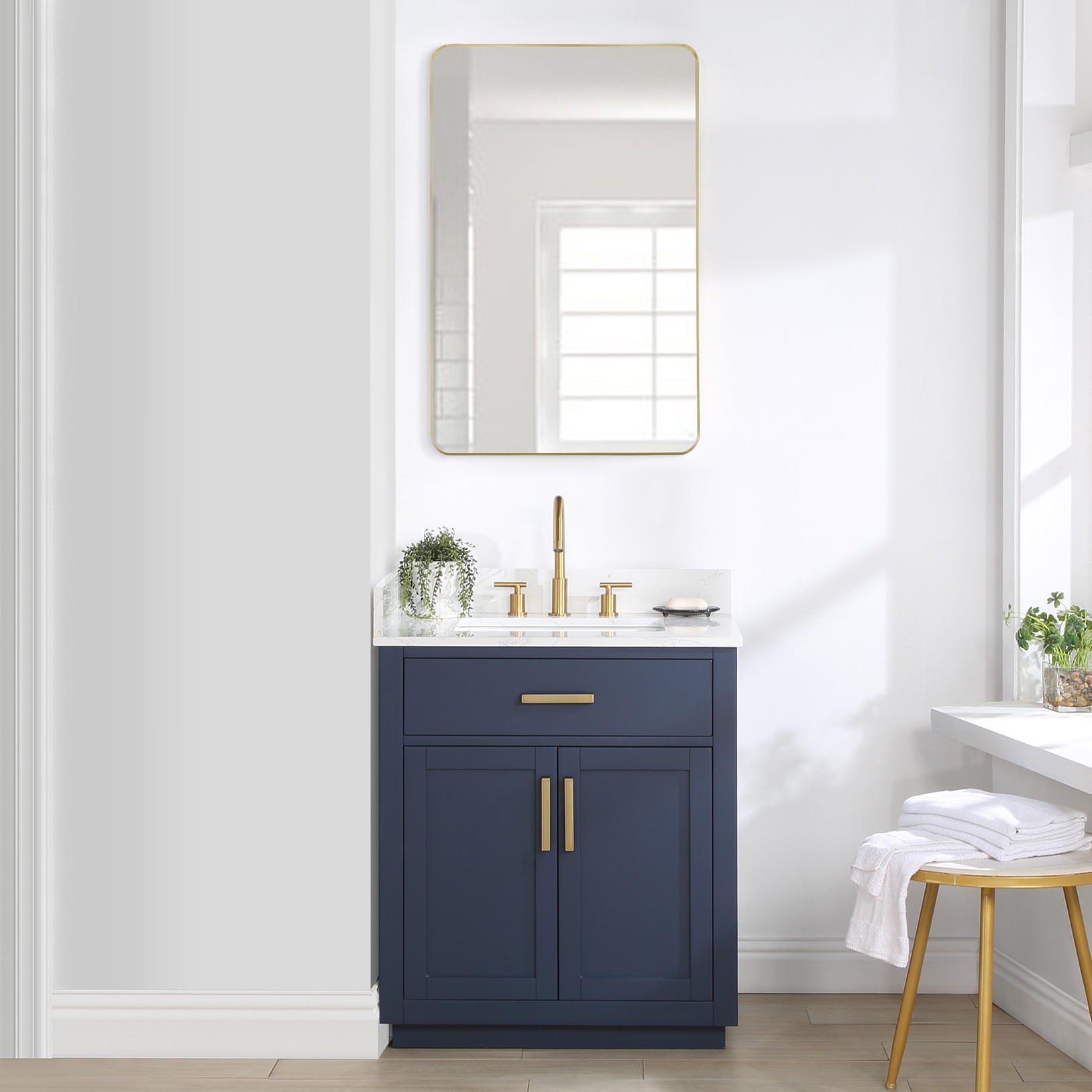Issac Edwards Collection 30" Single Bathroom Vanity in Royal Blue with Grain White Stone Countertop and Mirror Option