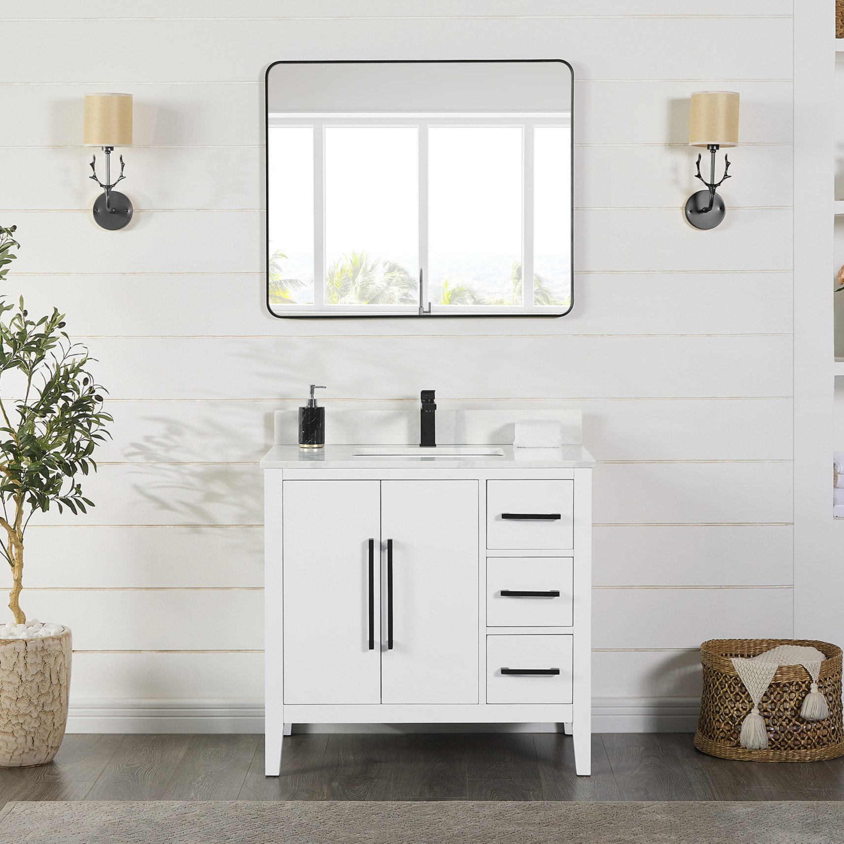 Issac Edwards Collection 36" Single Bathroom Vanity in White with Calacatta White Quartz Countertop and Mirror Option