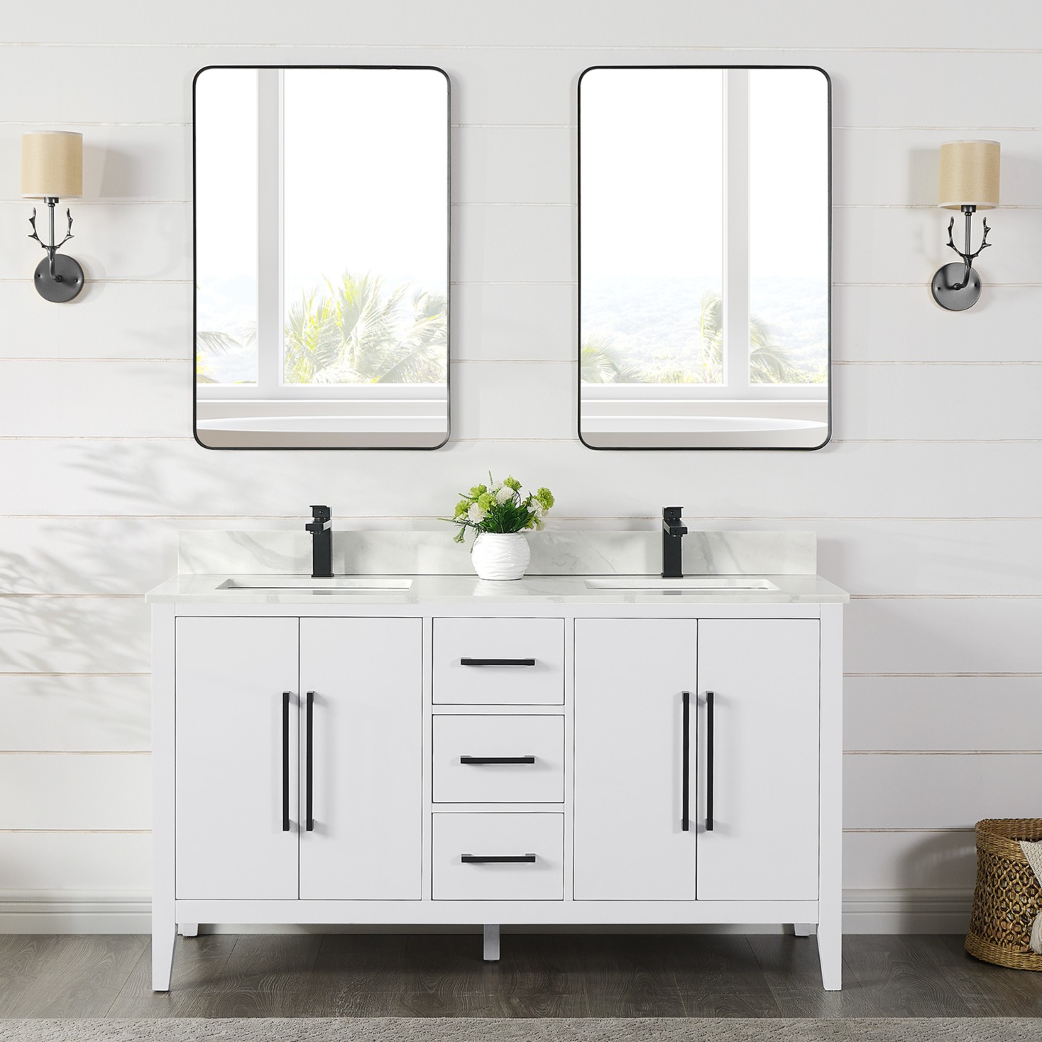 Issac Edwards Collection 60" Double Bathroom Vanity in White with Calacatta White Quartz Countertop and Mirror Option