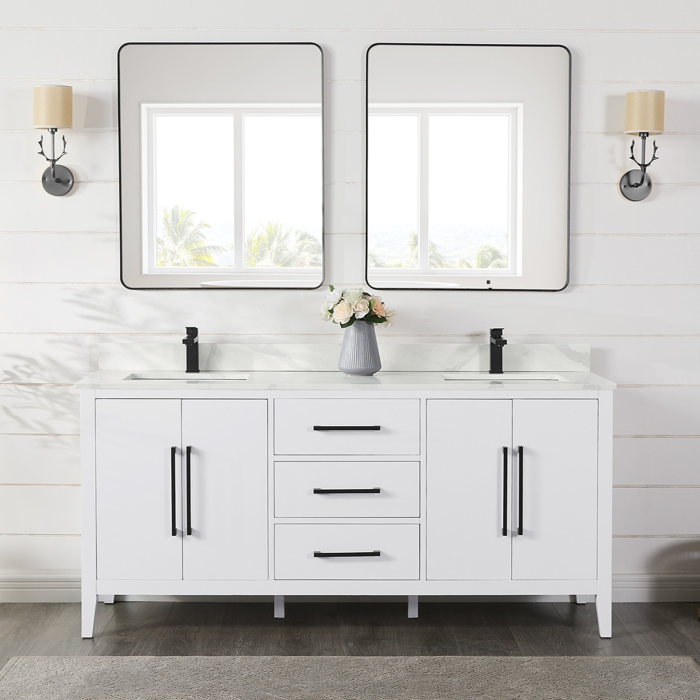 Issac Edwards Collection 72" Double Bathroom Vanity in White with Calacatta White Quartz Countertop and Mirror Option