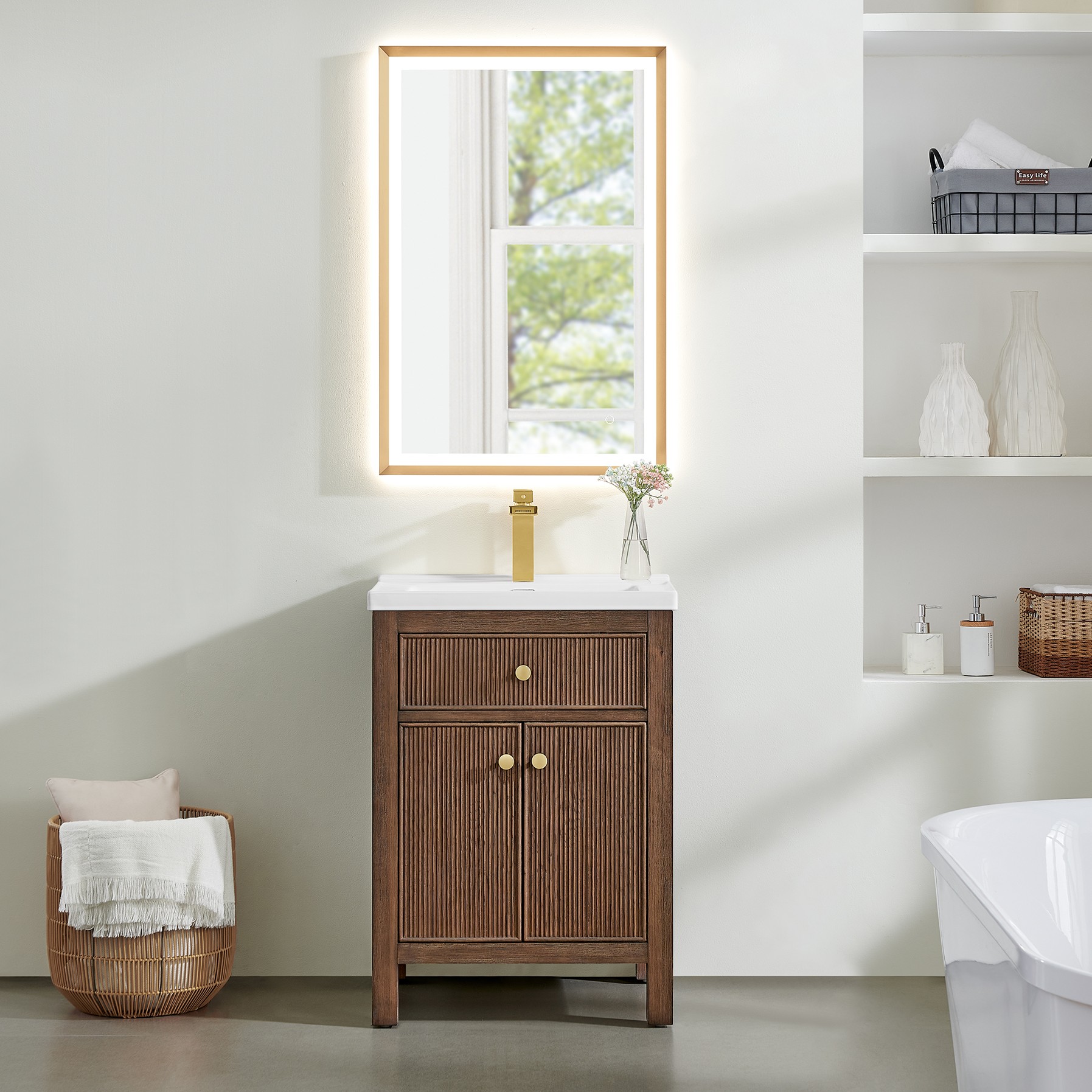 Issac Edwards 24" Single Bathroom Vanity in Brown Brushed Oak with White Ceramic Integrated Sink and Mirror Option