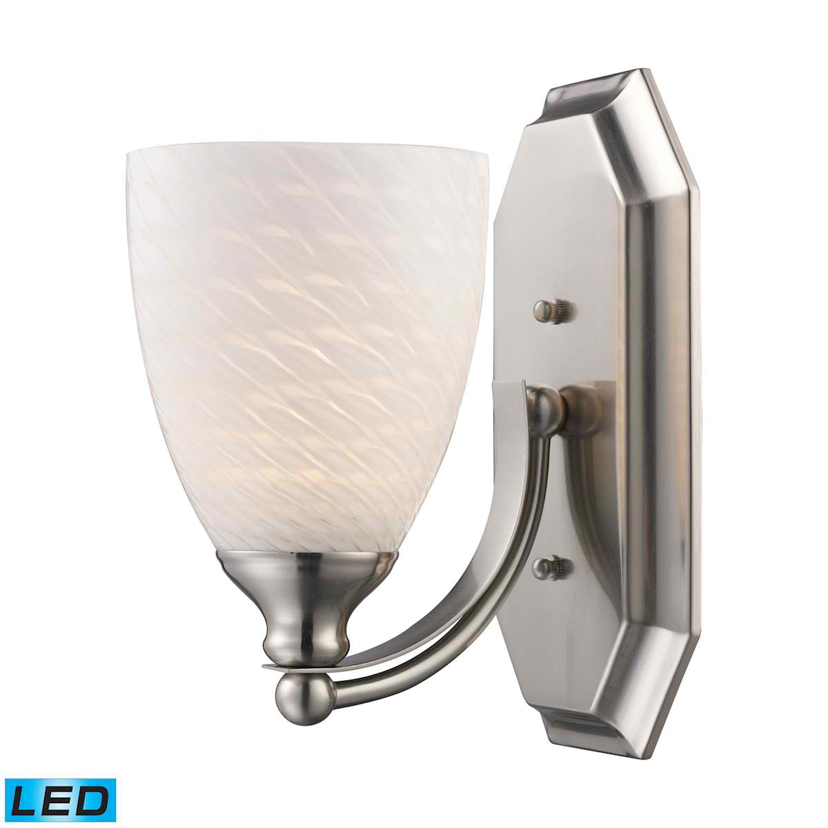 1 Light Vanity in Satin Nickel and White Swirl Glass - LED Offering Up To 800 Lumens (60 Watt Equivalent)