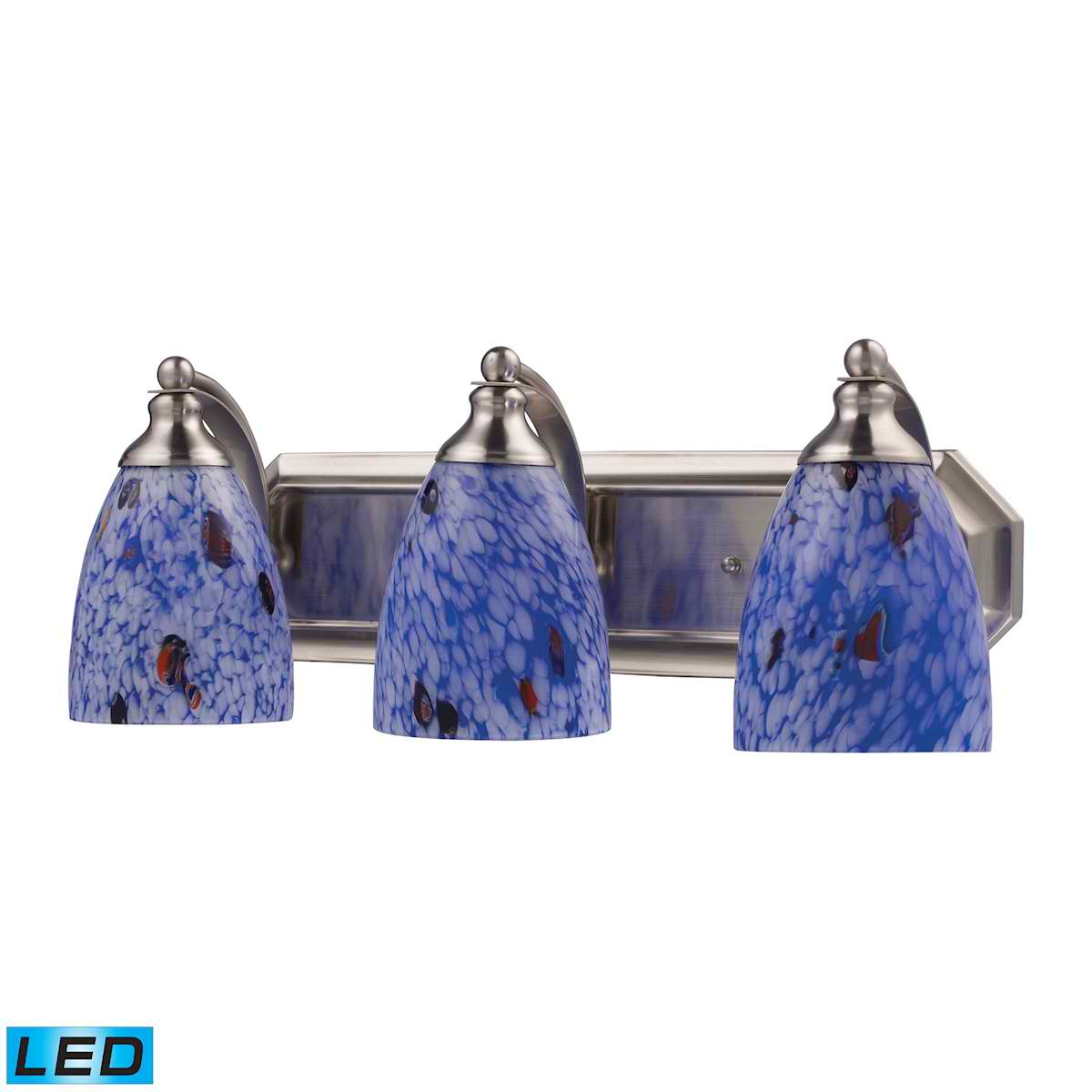 3 Light Vanity in Satin Nickel and Starburst Blue Glass - LED, 800 Lumens (2400 Lumens Total) with Full Scale