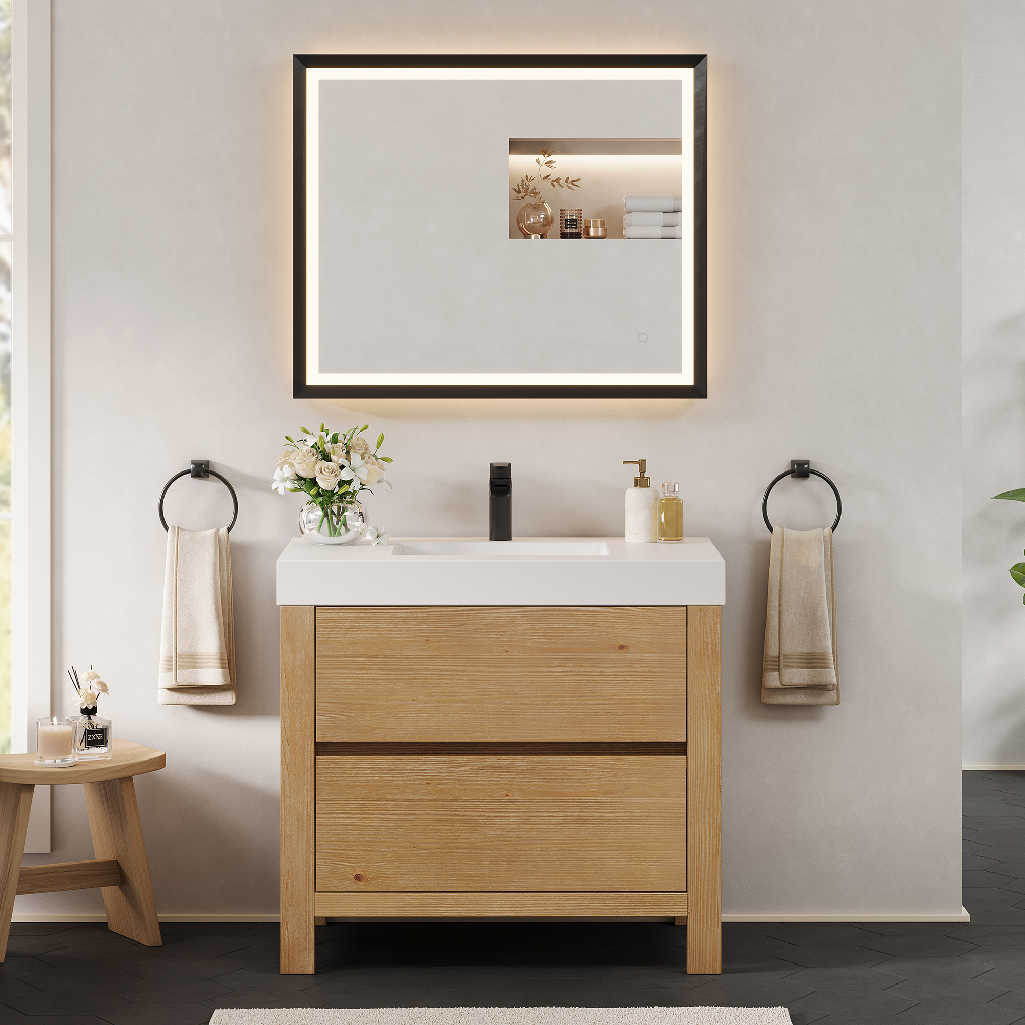 Issac Edwards Collection 36" Single Bathroom Vanity in Weathered Fir with White Stone Integrated Sink and Mirror Option