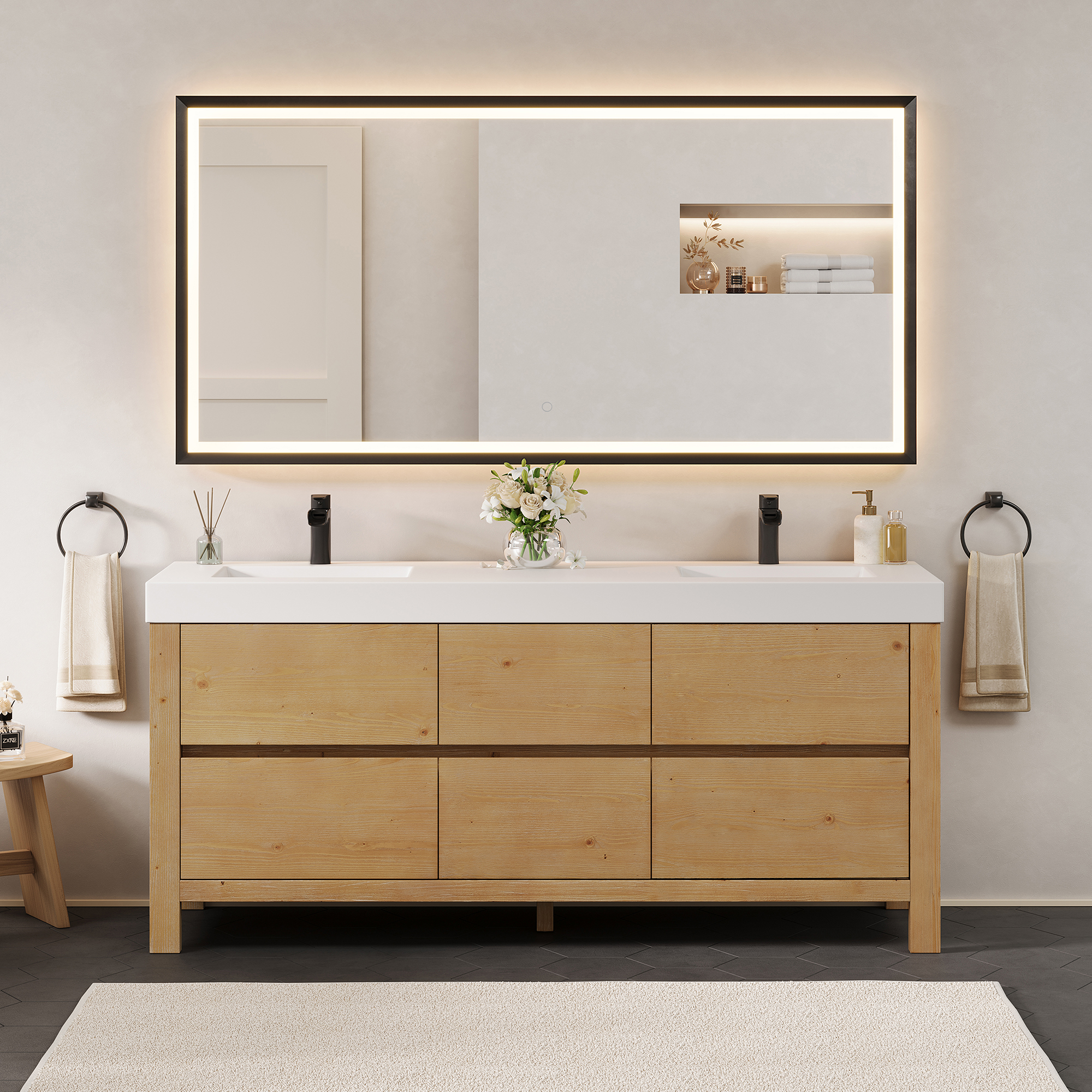 Issac Edwards Collection 72" Double Bathroom Vanity in Weathered Fir with White Stone Integrated Sink and Mirror Option