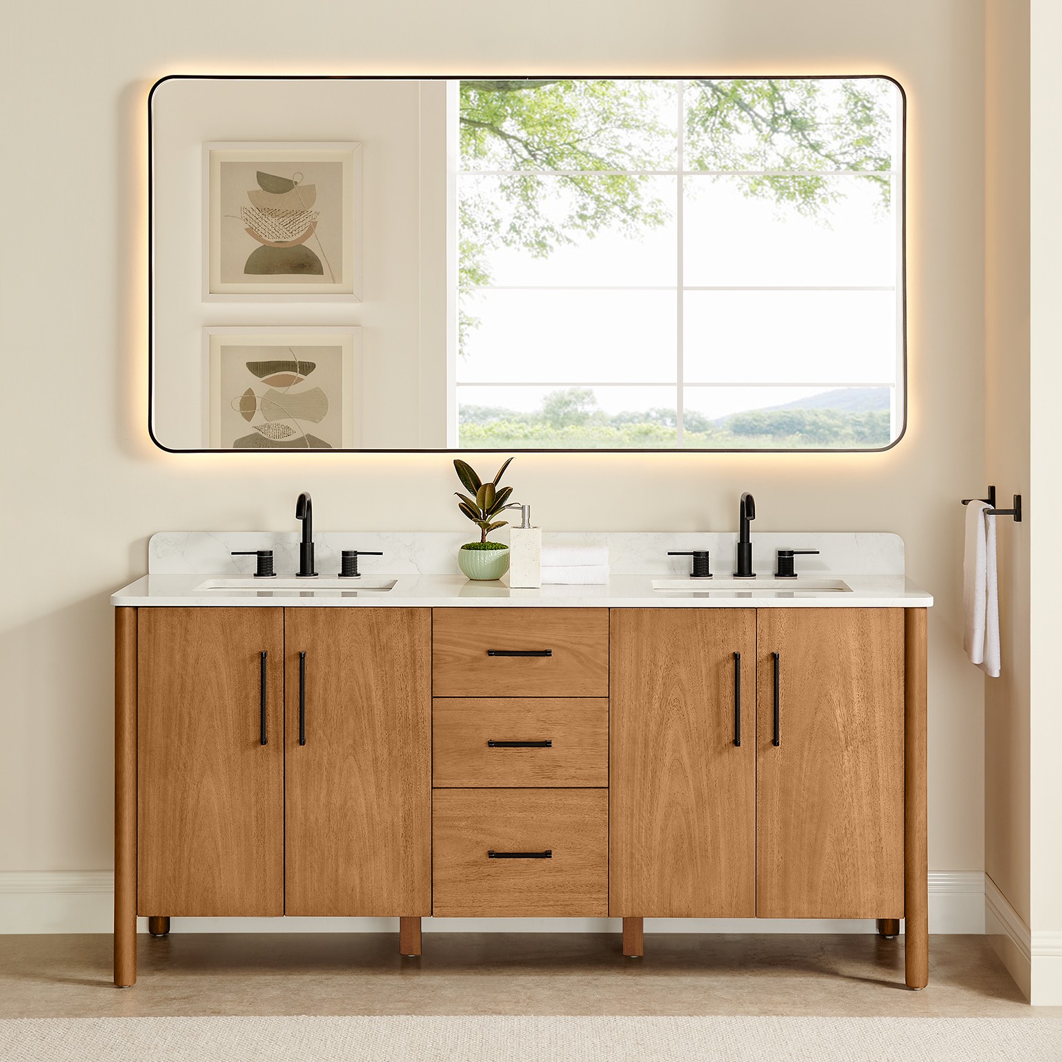 Issac Edwards Collection 72" Double Bathroom Vanity in Mango Brown with Grain White Stone Countertop and Mirror Option