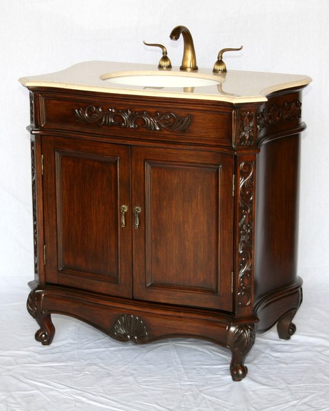 34" Adelina Antique Single Sink Bathroom Vanity in Walnut Finish with Beige Stone Countertop