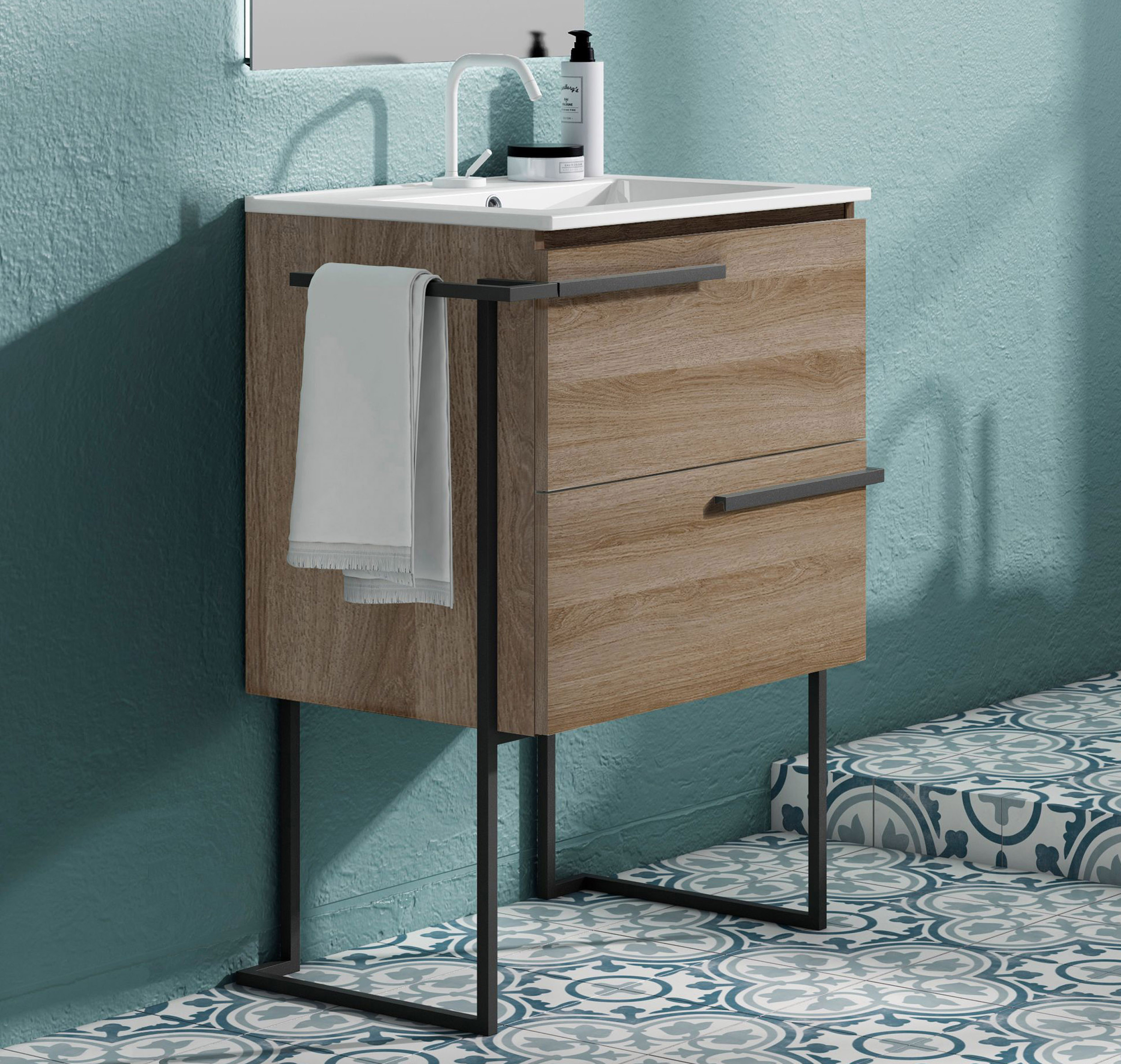 24" Single Sink Vanity 2 Drawer, Ceramic Sink with Metal Legs and Towel Bar and 4 Color Options