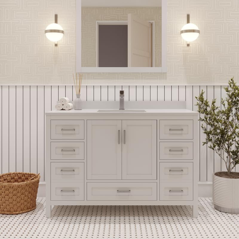 LV 48" Transitional Single Bath Vanity in White Finish with 3 Hardware Options, Base only, and Top Option