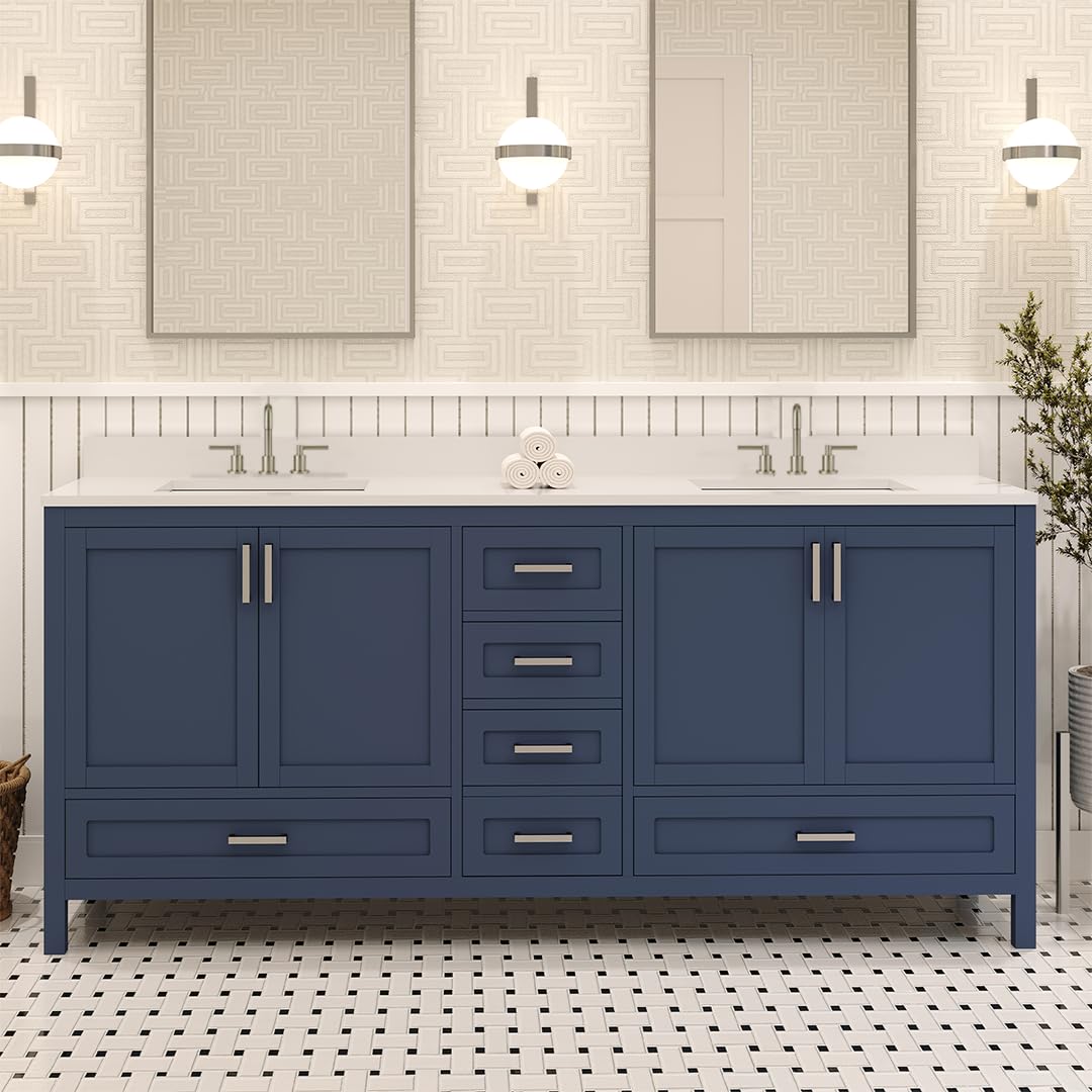 LV 72" Transitional Bath Vanity in Navy Blue Finish with 3 Hardware Options, Base only, and Top Option