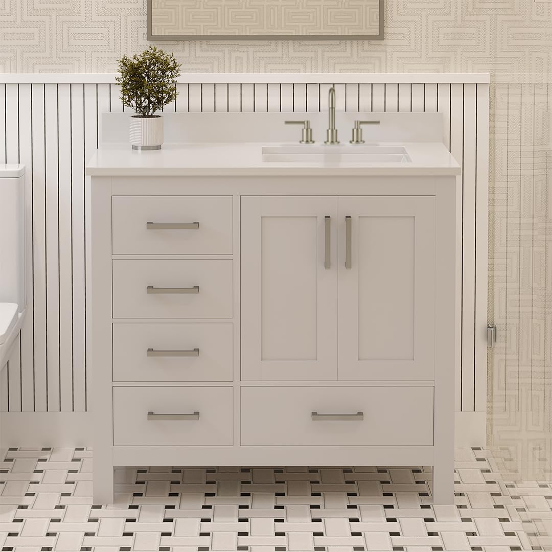 LV 36" Transitional Bath Vanity Right in White with 3 Hardware Options, Base only, and Top Option