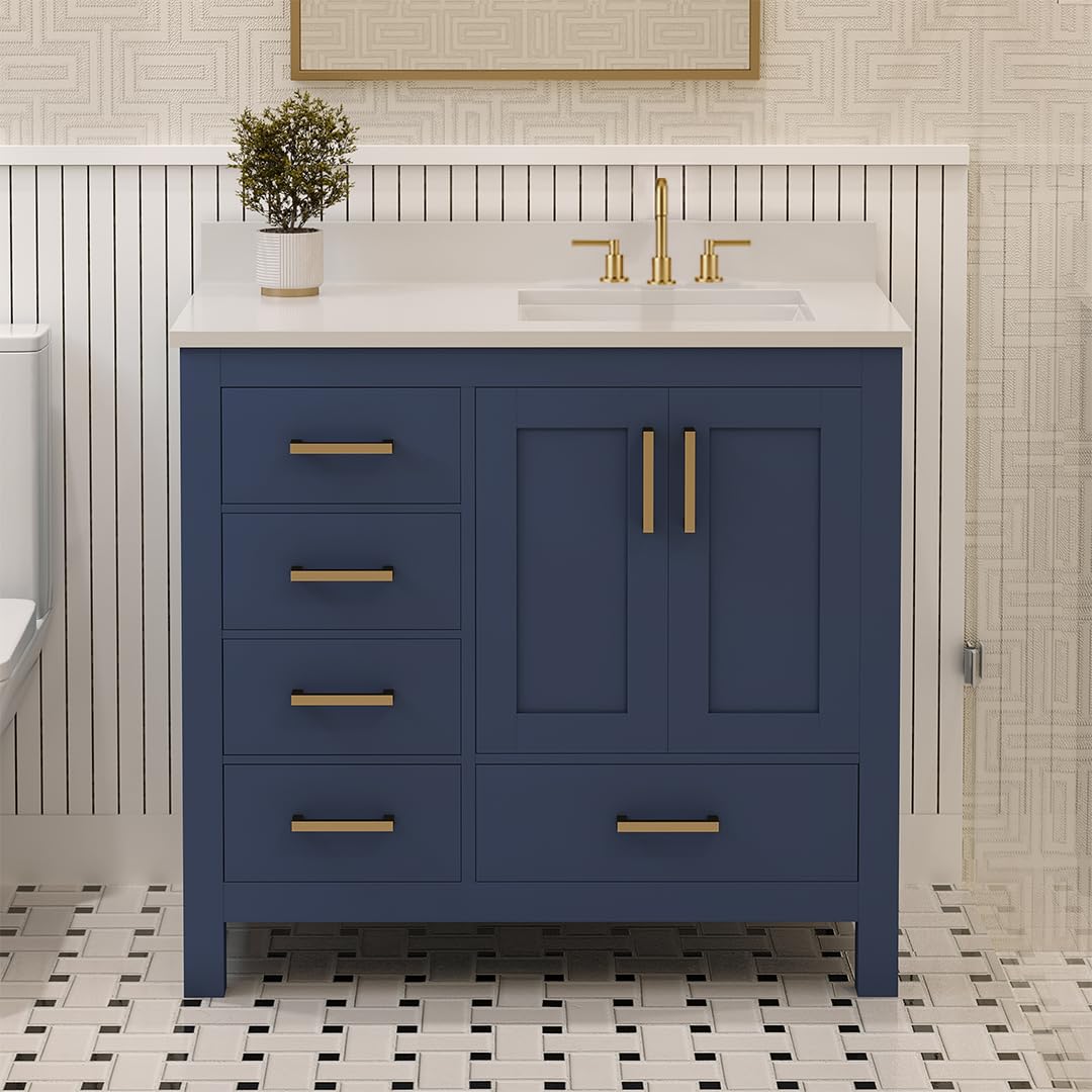 LV 36" Transitional Bath Vanity Right in Navy Blue with 3 Hardware Options, Base only, and Top Option