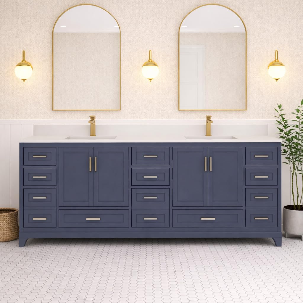 LV 84" Transitional Double Bath Vanity in Navy Blue with 3 Hardware Options, Base Only, and Top Option