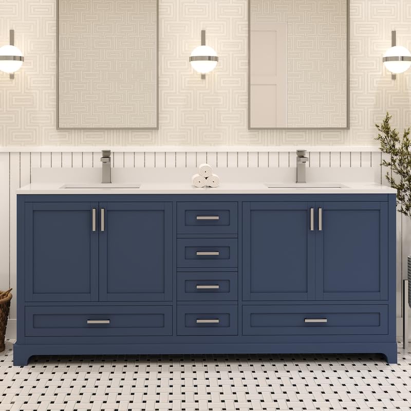 LV 72" Transitional Double Bath Vanity in Navy Blue with 3 Hardware Options, Base Only, and Top Option
