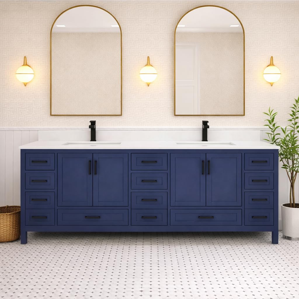 LV 84" Transitional Bath Vanity in Navy Blue Finish with 3 Hardware Options, Base only, and Top Option