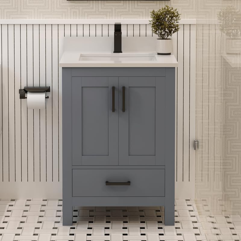 LV 24" Transitional Bath Vanity in Charcoal Grey with 3 Hardware Options, Base Only, and Top Option