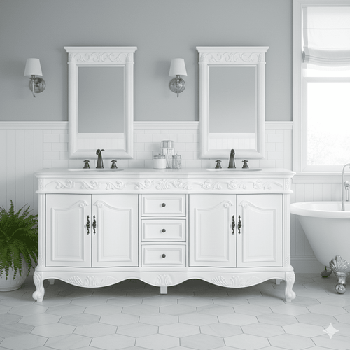 64" Traditional Freestanding Antique White Bathroom Vanity, Double Sink, Marble Top, with Backsplash Option and Matching Mirror Option