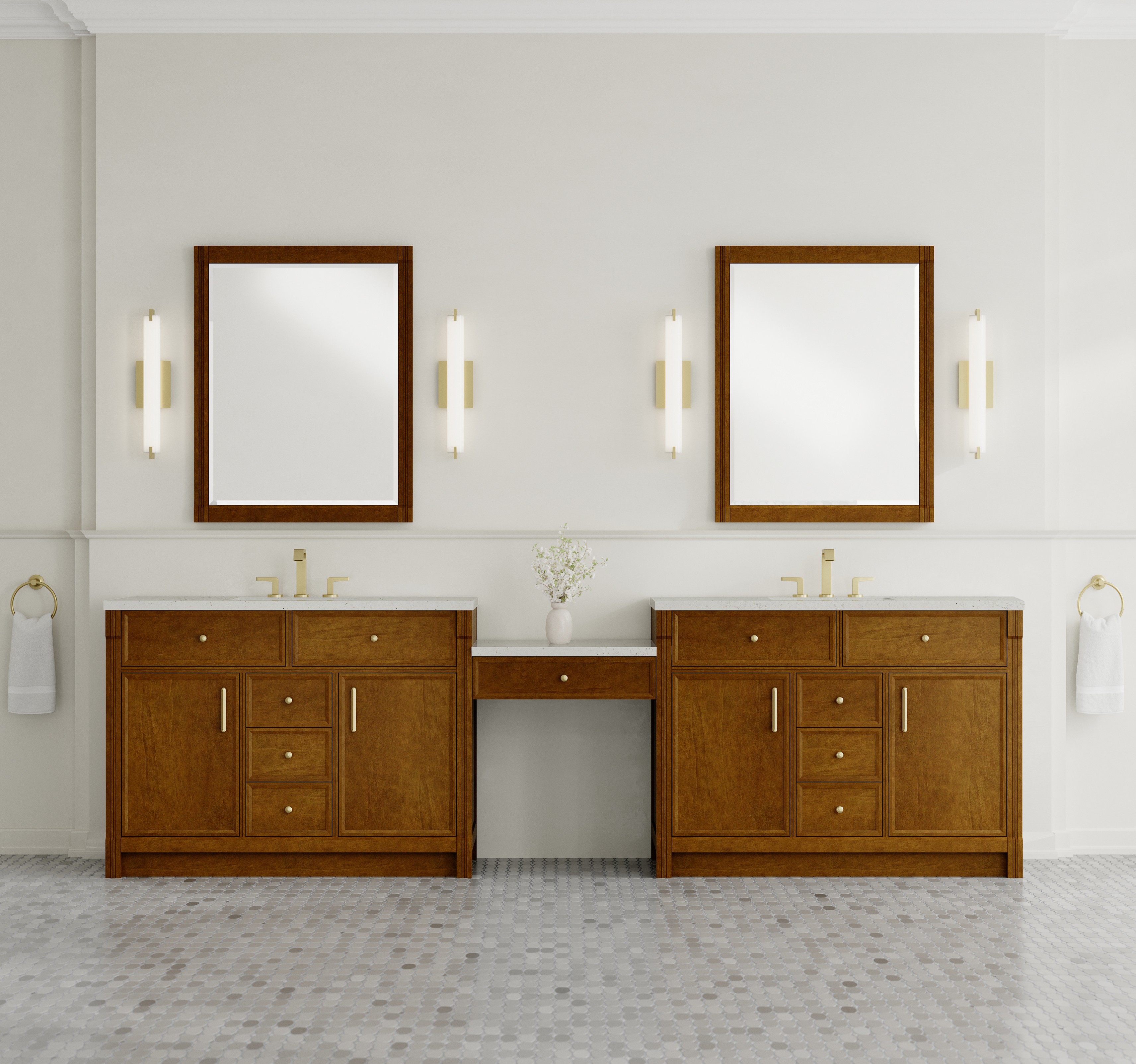 James Martin 120" Dual Vanity Set with 24" Make-Up Counter, Honey Oak with Countertop Options