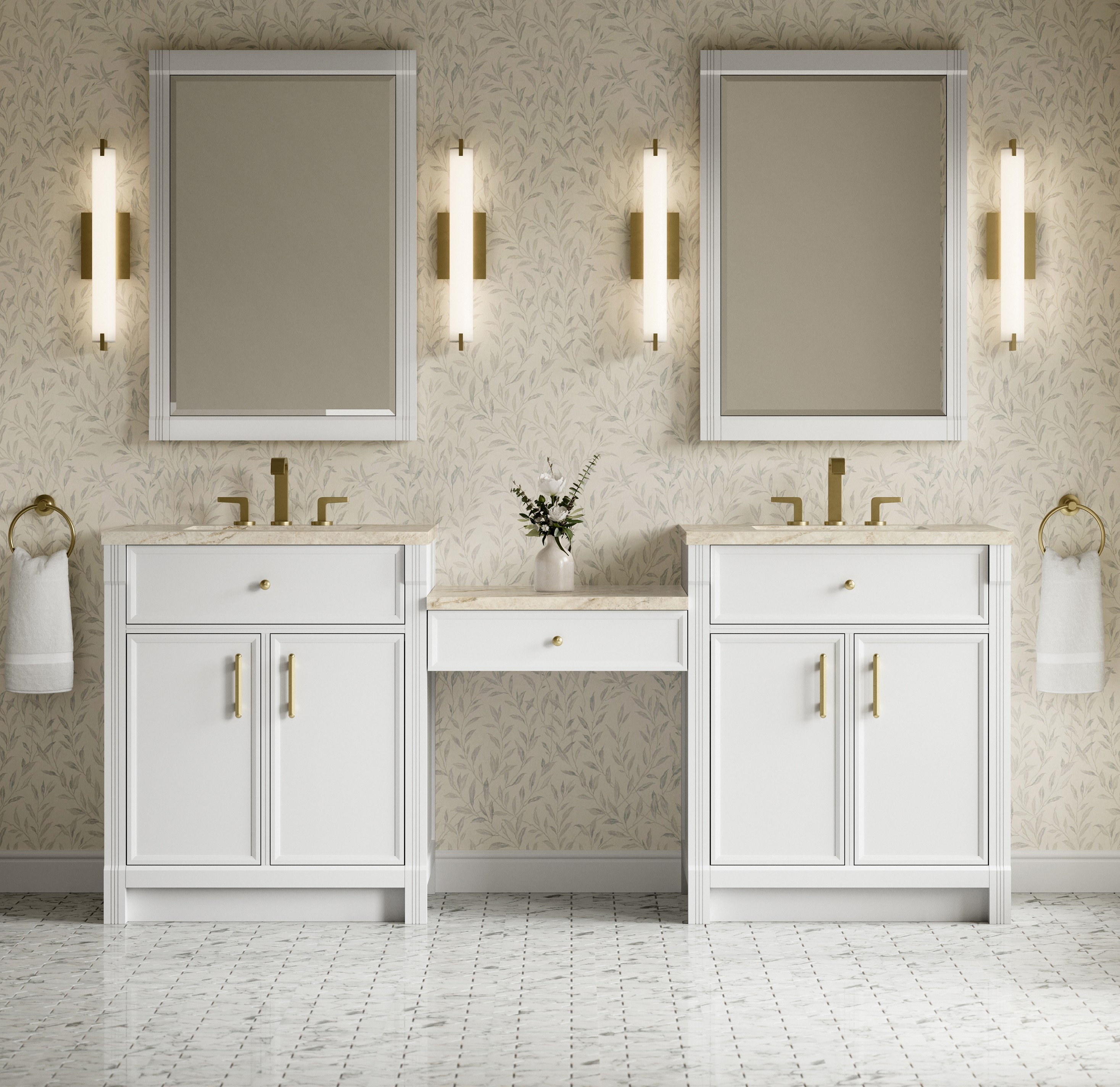 James Martin 84" Dual Vanity Set with 24" Make-Up Counter, Bright White with Countertop Options