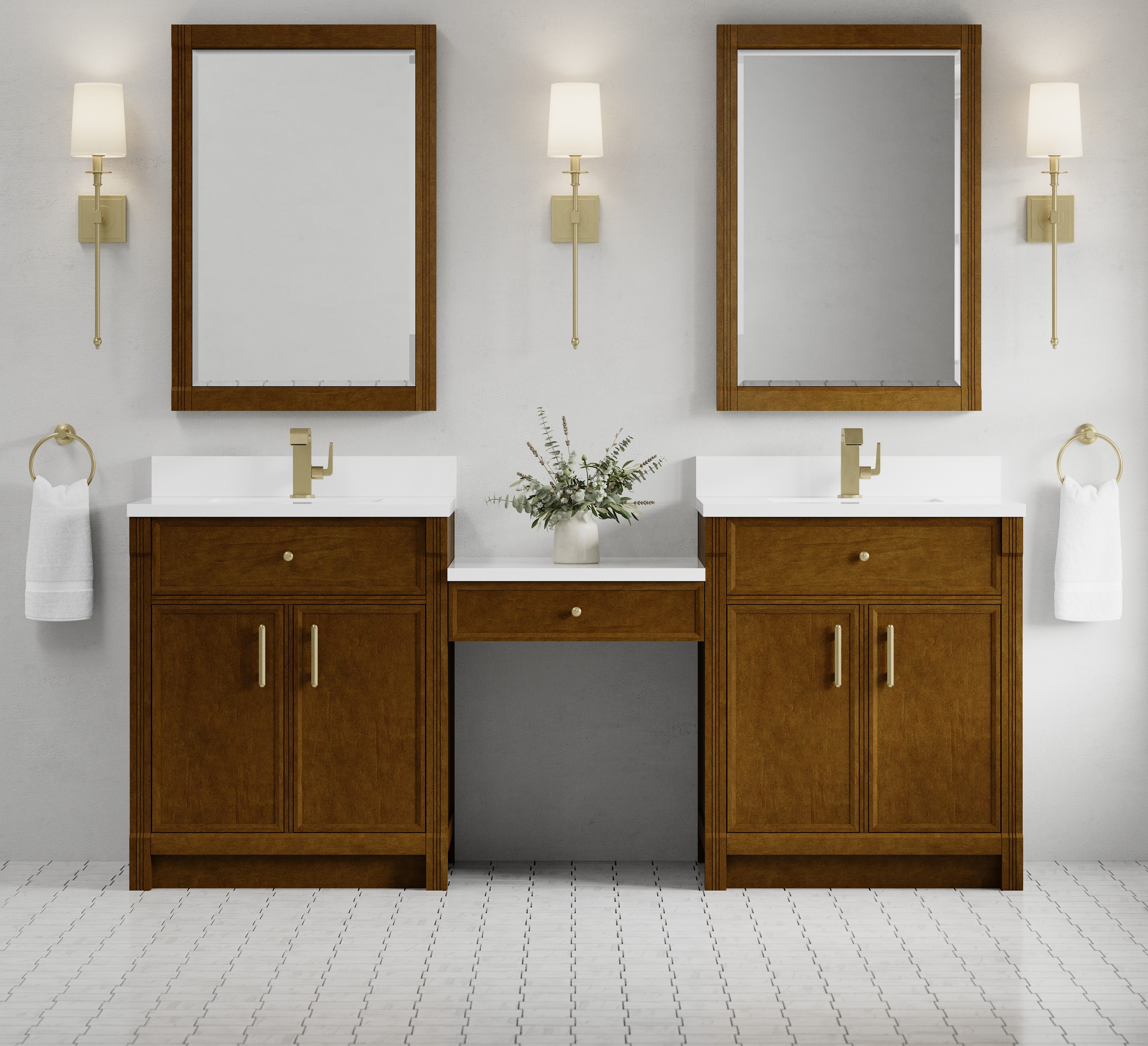 James Martin 84" Dual Vanity Set with 24" Make-Up Counter, Honey Oak with Countertop Options