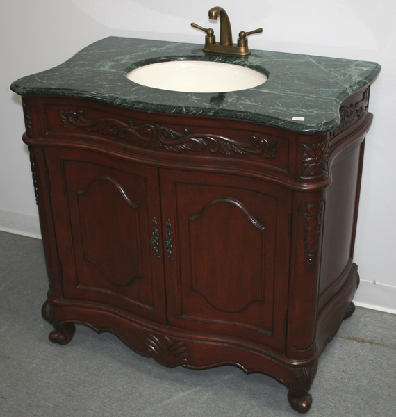 36" Adelina Antique Style Single Sink Bathroom Vanity in Cherry Finish with Green Stone Countertop